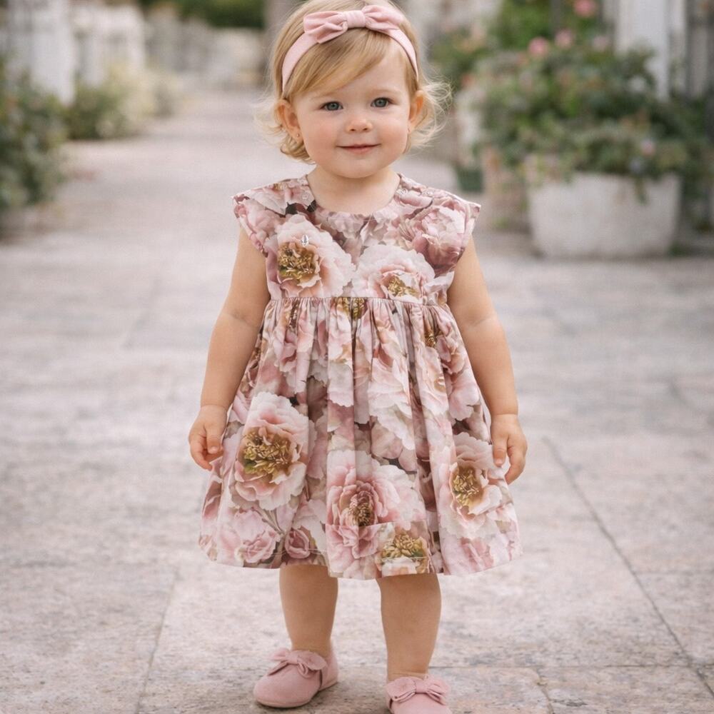 Molo Maroon Pink White Floral Girls Dress 12 Months